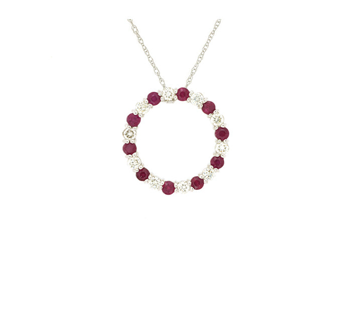 14k White Gold Round Ruby and Diamond Open Circle Pendant